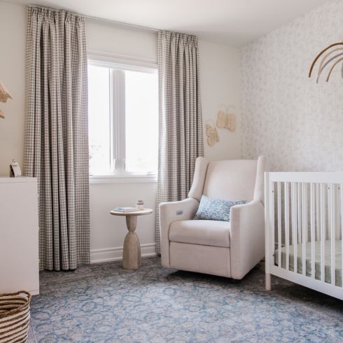 Neutral nursery with gingham drapes