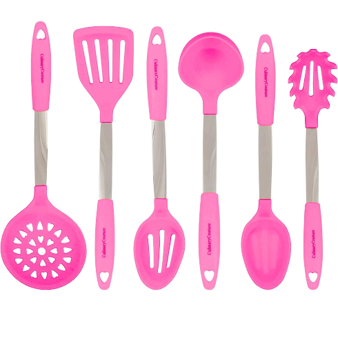 A set of six hot pink barbiecore kitchen utensils
