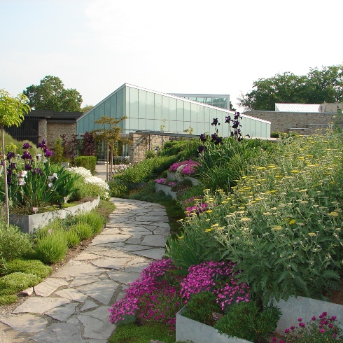 A stone path lined by purple, yellow and white blooms leading to a greenhouse at the Toronto Botanical Garden