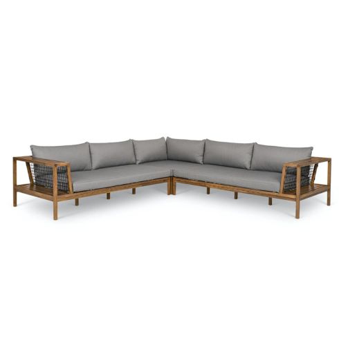 Grey and brown Callais Sectional on white background.