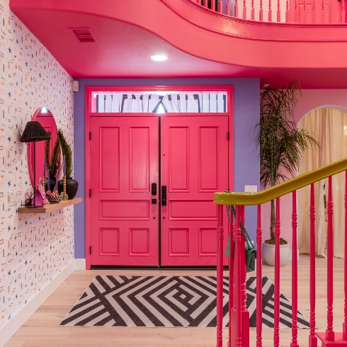 The colour-blocked front entryway of the Barbie Dream House