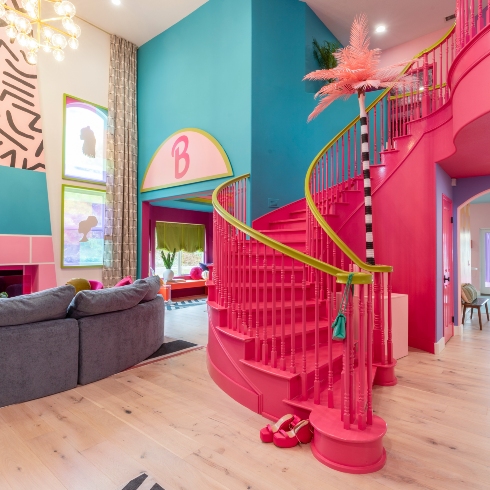 The pink spiral staircase at the Barbie Dreamhouse