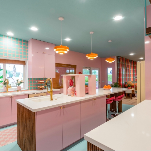 The sleek 1960s-inspired pastel kitchen