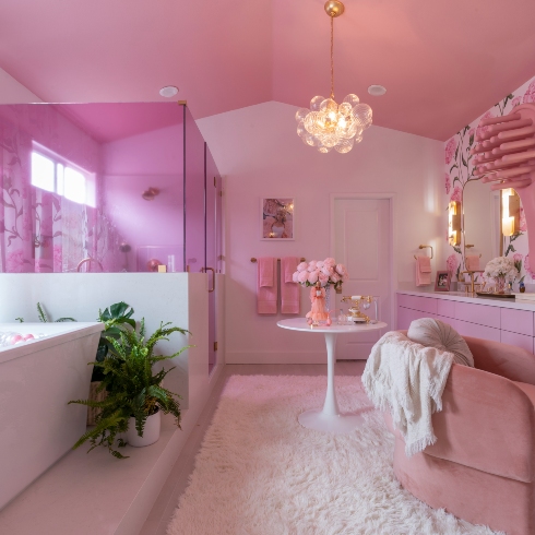 The vanity in the primary bath in the Barbie Dreamhouse