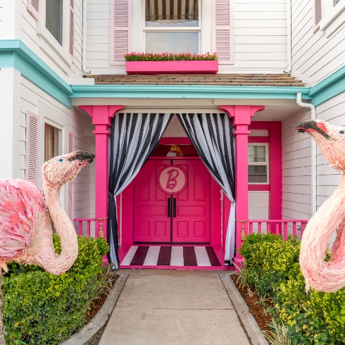 A shot of the exterior entrance to the Barbie Dreamhouse