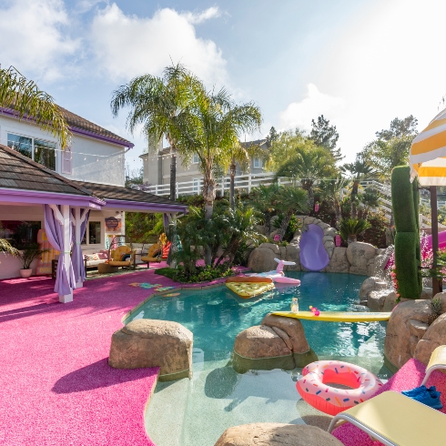 The backyard pool area in the Barbie Dreamhouse