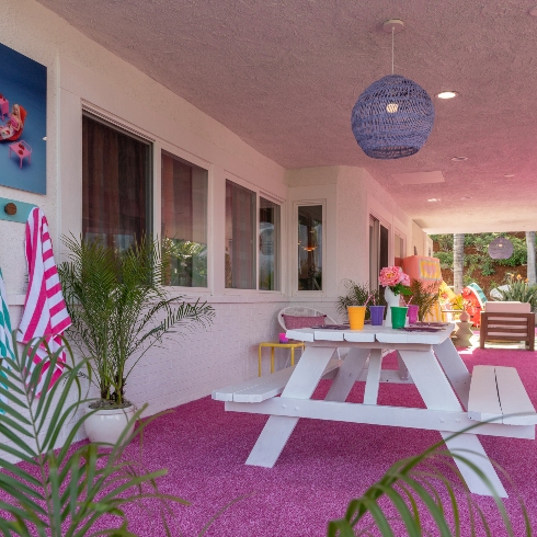 The picnic dining area in the backyard of the Barbie Dreamhouse
