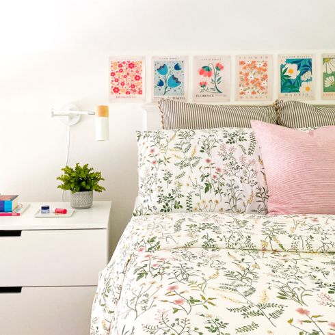 Pretty bed showing colourful artwork