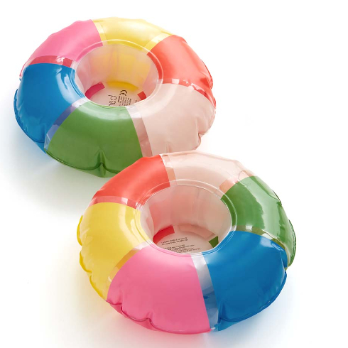 Two multicoloured pool floaties for drinks