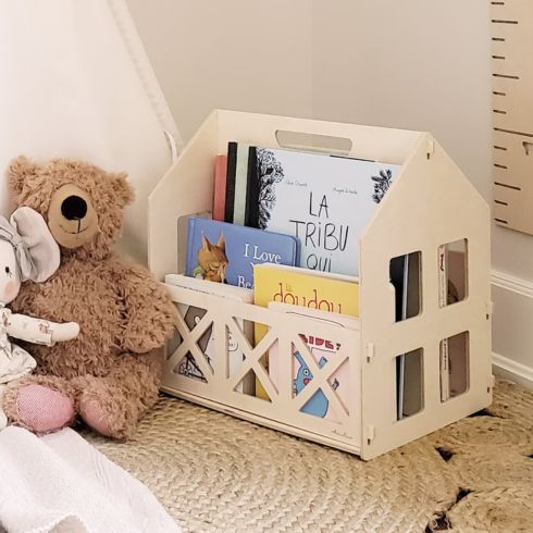 Wooden house-shaped book and toy storage