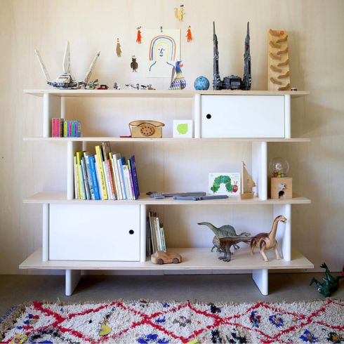 Large eco-friendly wood bookshelf with built-in white storage units