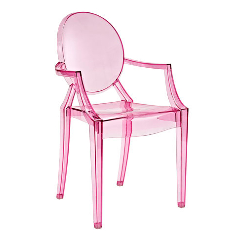 A plastic pink dining chair