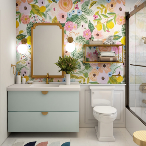 Beautiful bathroom with floral wallpaper on the walls