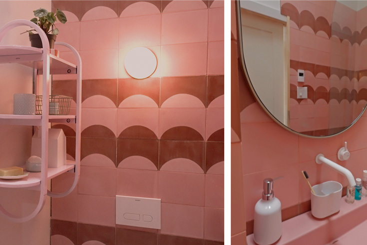 Completed shot of a bathroom that received a makeover using Behr spray paint in an assortment of shades
