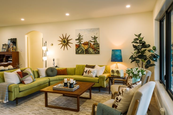 Stylish living room of the mid-century modern getaway
