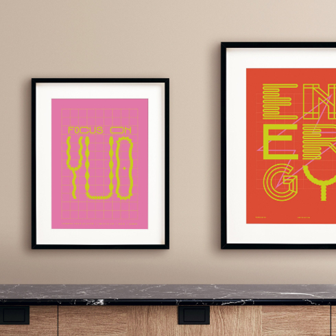 Framed typography prints in bold colours