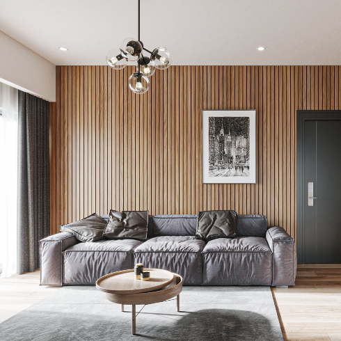 A modern living room with dark wooden panels