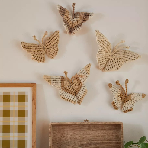 Macrame wooden butterfly wall sculptures
