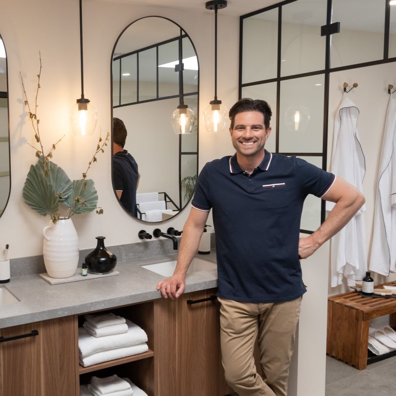 Scott McGillivray in the renovated bathroom of the Organic Oasis