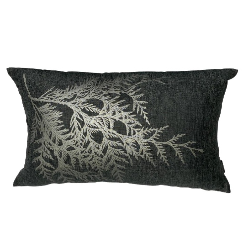 A long hemp throw pillow with silver branches on a black background