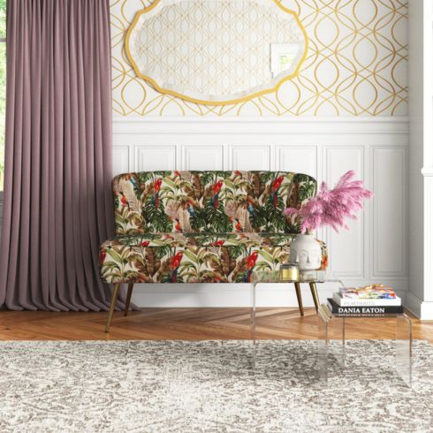 A loveseat from Wayfair with a unique pattern on the fabric