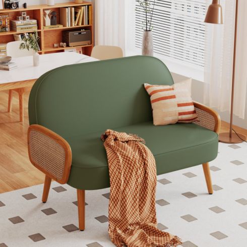 Small green loveseat from Wayfair with wood accents