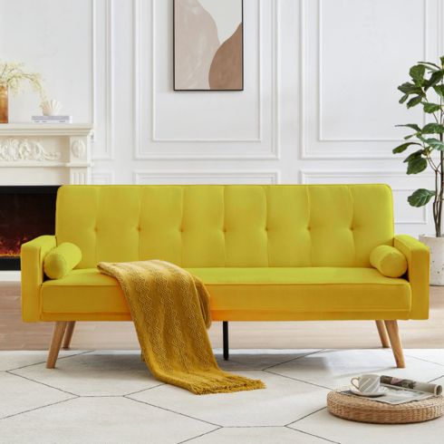 A yellow sofa with linen fabric from online retailer Wayfair