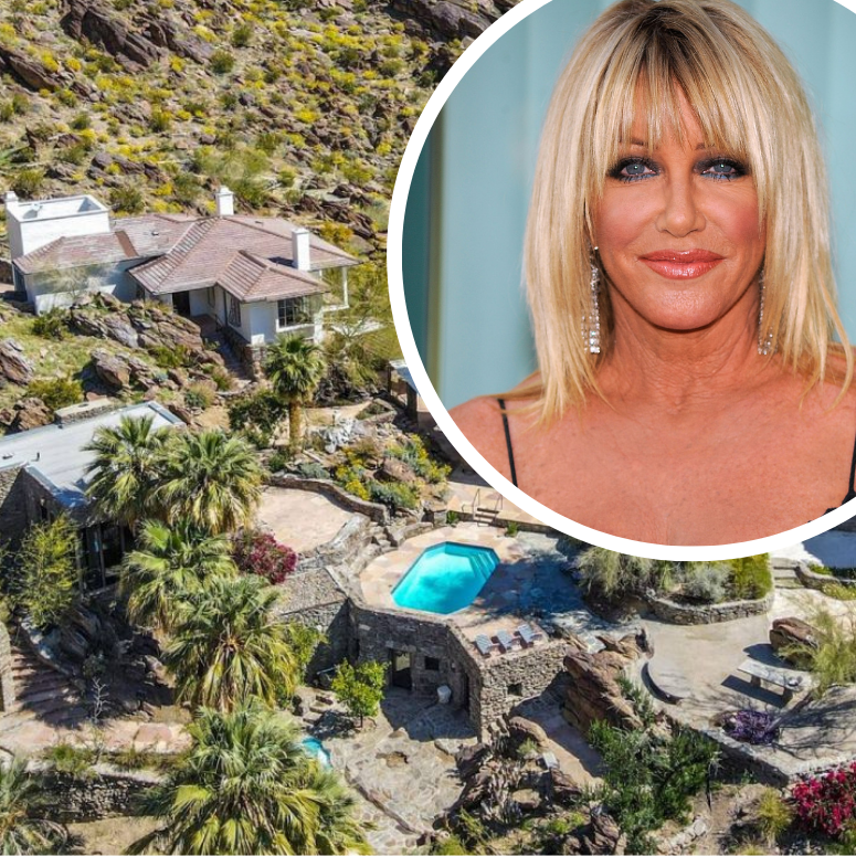Suzanne Somers next to her former desert compound in Palm Springs.