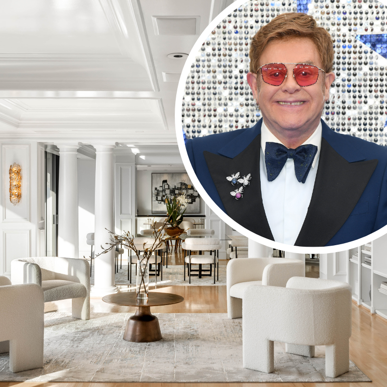 Collage of Elton John and his living room