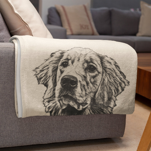 A cozy blanket with a dog on it thrown over the arm of a couch