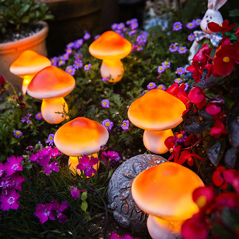 Outdoor Holiday Lighting Trends - Mushroom LED lights in a garden