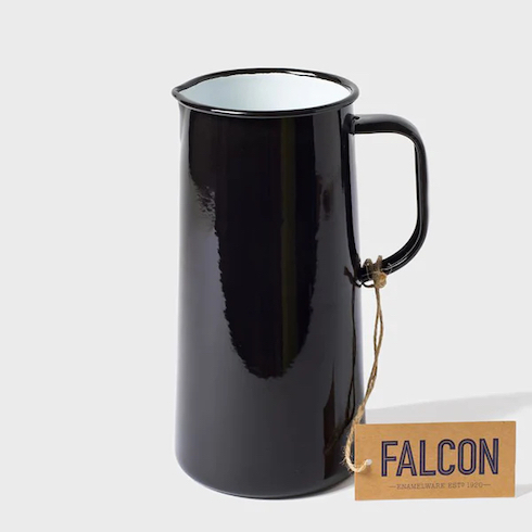 Gift idea - A black Falcon Enamelware 3-Pint Jug with a jute string and a carboard tag sits against a white background from Salt Shop on Salt Spring Island, BC