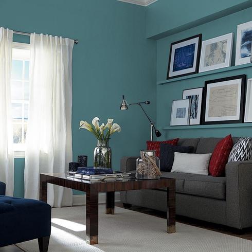 Living room painted Melt Water paint colour as one of the picks for a 2023 paint colousr of the year