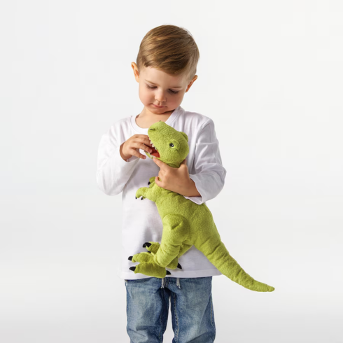 a little boy holding a plush dinosaur against a white background