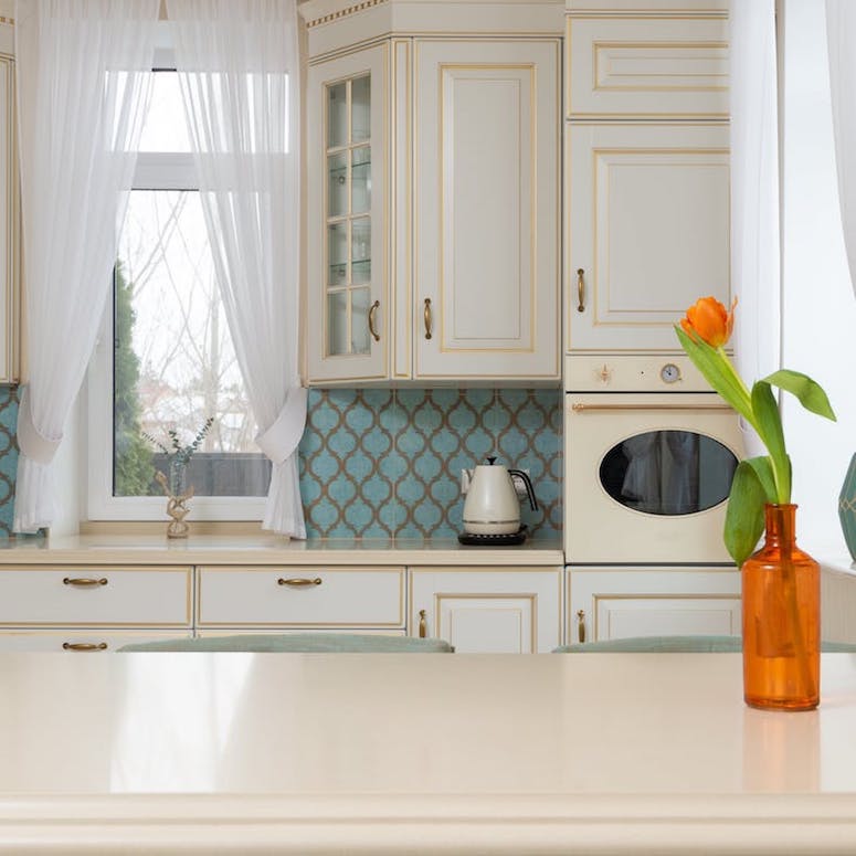 Kitchen island with flowers on the countertop
