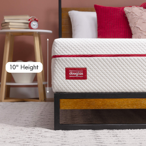 A white and red thick Douglas mattress