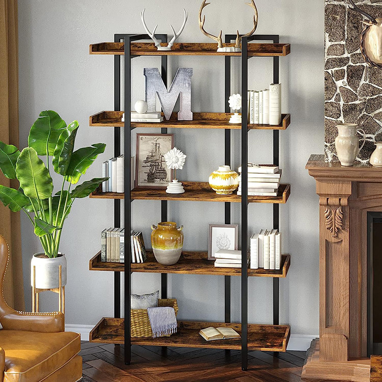 5-tier rustic shelf with decor and books on display