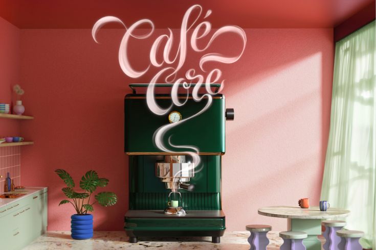 A picture of an oversized coffee machine in a pink and green kitchen