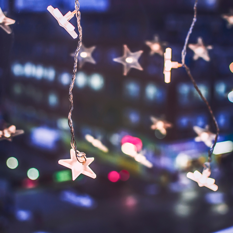 Close-up of star-shaped holiday lights