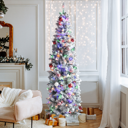 A multicoloured artificial pine Christmas tree