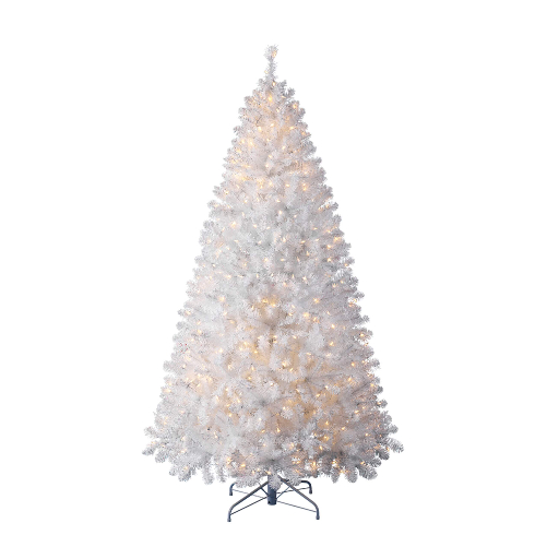 Product image of an all-white artificial Christmas tree with LED lights