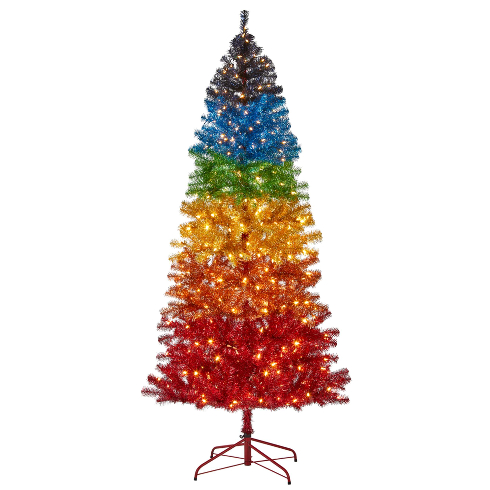 A brightly coloured rainbow artificial Christmas tree