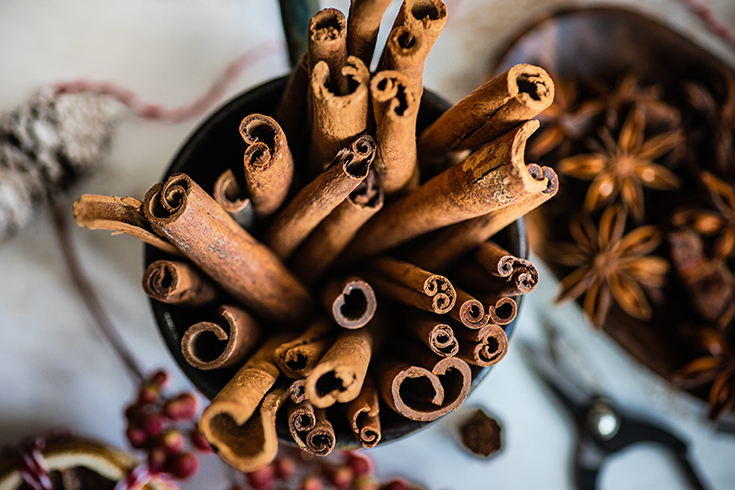 Ceramic cup with cinnamon sticks as a spice food concept for Christmas mulled wine drink on wooden background with copy space