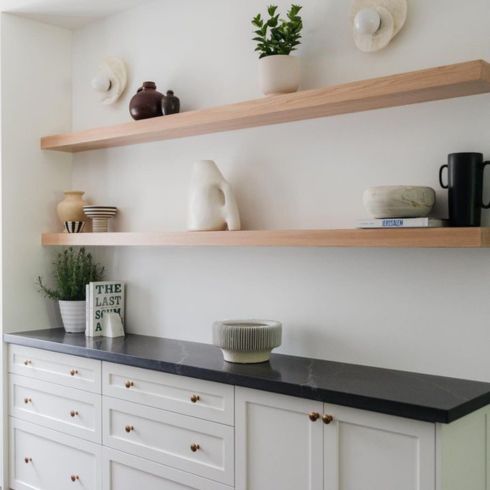 Wood shelves in kitchen