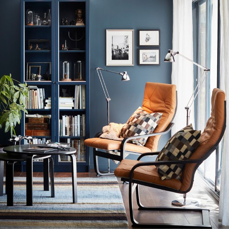 Living room with blue bookcases