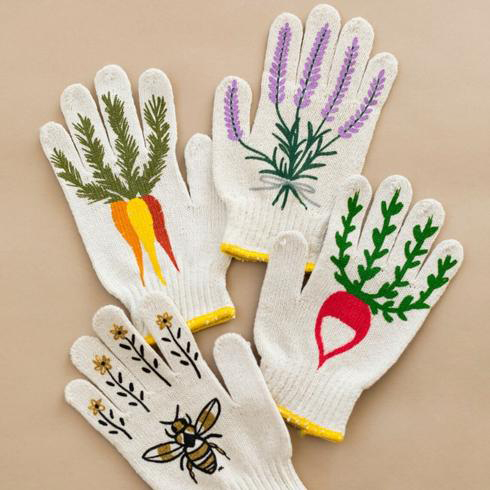 Gardening gloves with radishes, carrot, lavender and bumble bee design.