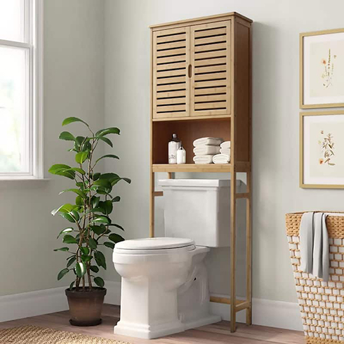 Bamboo-look over-the-top toilet storage solution.