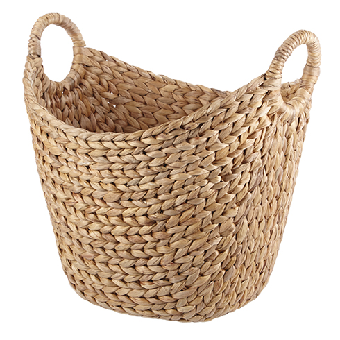 Handwoven curved wicker storage basket.