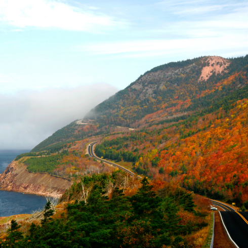 Aerial view of Cabot Trail in Nova Scotia in the autumn