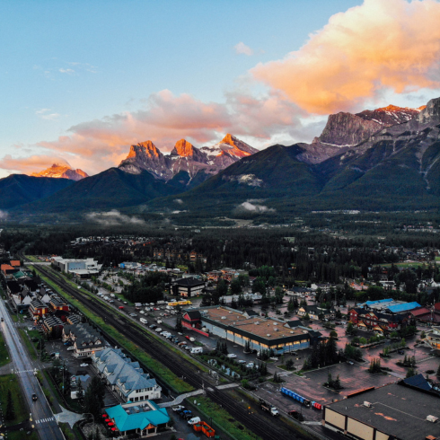 Aerial view of Canmore, Alberta at sunrise